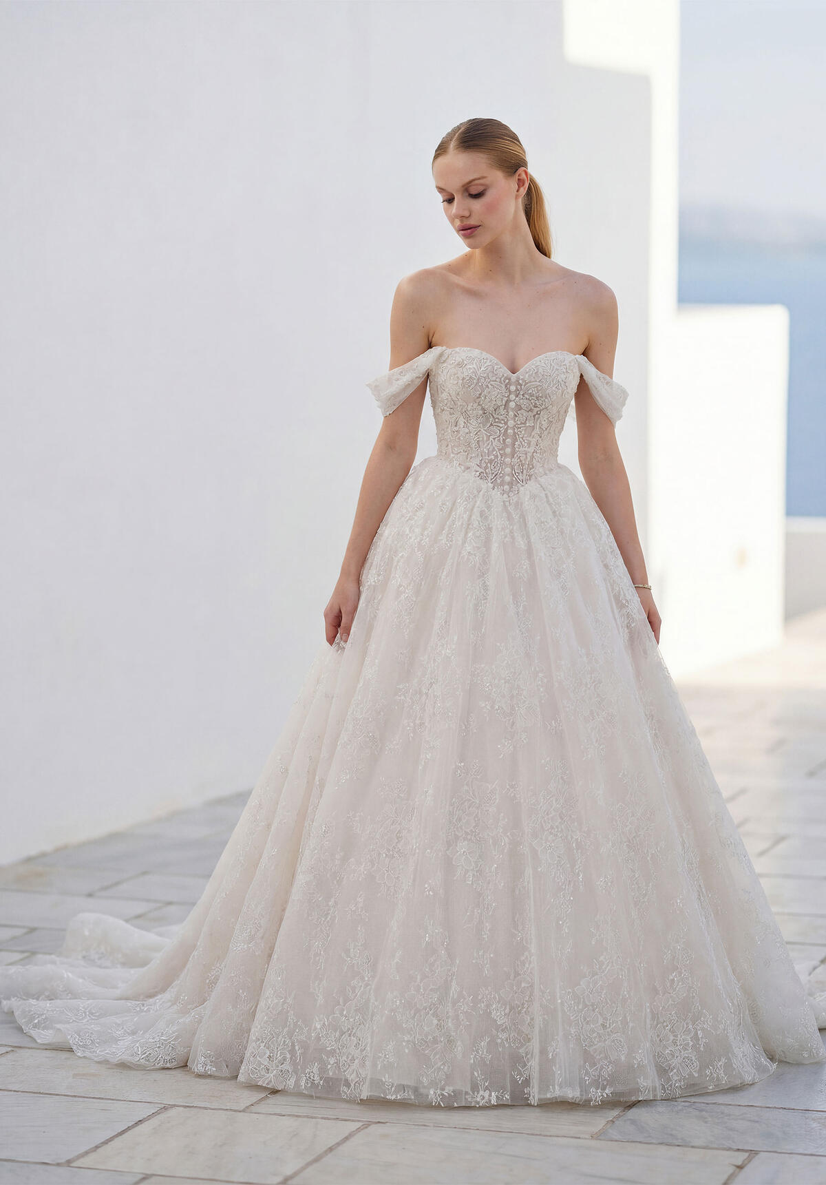 Morilee off-the-shoulder lace ball gown with a sweetheart bodice